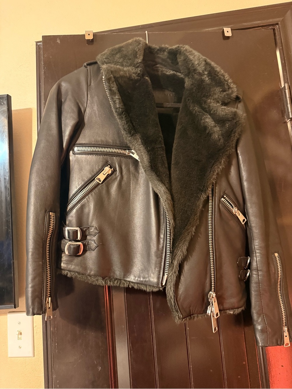 AllSaints black leather fur trim jacket size 0